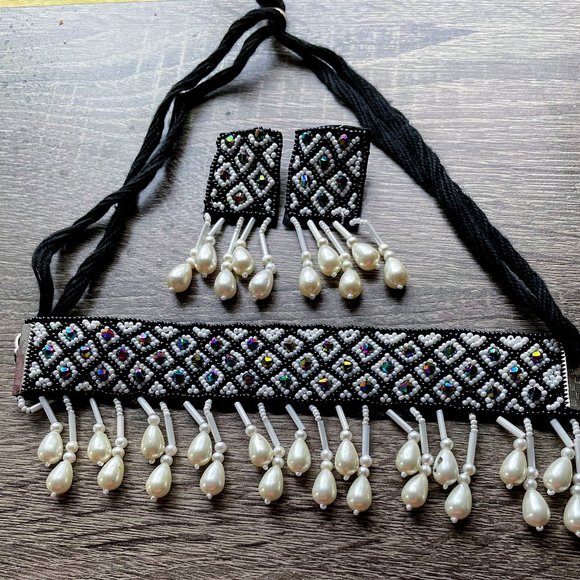 Diamond Multi mixed Iridescent Beads Choker Necklace Set with Earrings - Picture 1 of 5